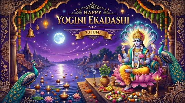 Happy Yogini Ekadashi 30 June &ndash; Lord Vishnu Divine Blessings, Sacred River and Hindu Festival Greeting
