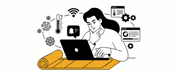 Woman controlling smart underfloor heating system on laptop, managing IoT climate control, home temperature automation, HVAC thermostat settings, and energy efficiency illustration isolated on white b © Dinali