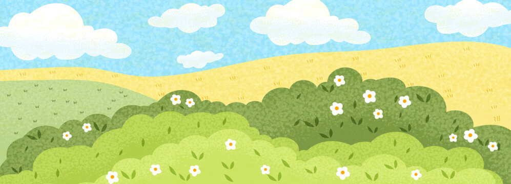 Summer green sky with watercolour watercolor nature and illustration grass field. Background meadow scenery with hill park ground and cloud vector lawn. Scene daisy blue with parallax cover.