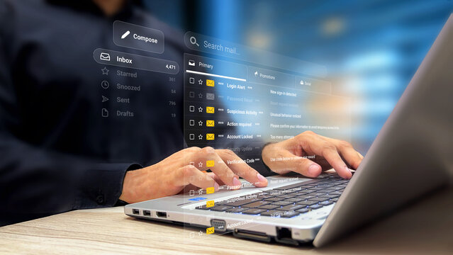 Person viewing security and account emails list on laptop virtual screen. Login alerts, password reset, verification notices, suspicious activity, warning and privacy protection updates