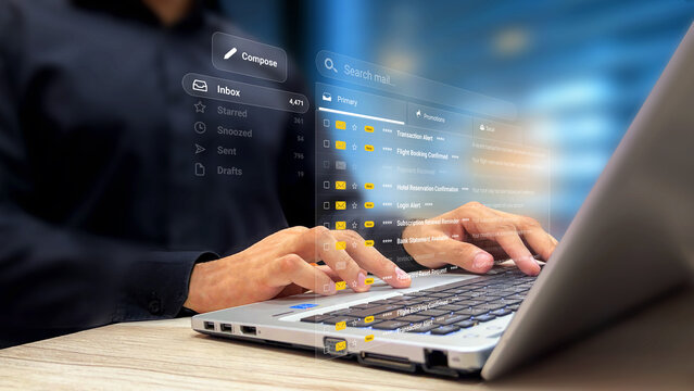 Person using laptop to view travel, flights and hotel booking emails, inbox list on virtual screen. Flight booking, flight search, hotel reservation, payment receipt, bank statement, travel