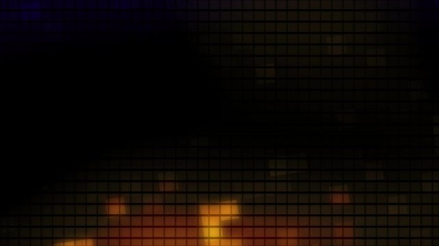 Abstract digital matrix with glowing pixelated data blocks. Luminous LED screen grid pulsating warm and cool mosaic tiles. Dark cybernetic geometry reveals neon retro arcade style light leak effects.