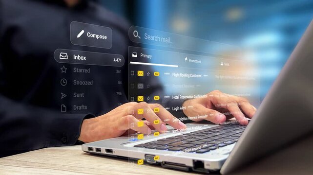 Person using laptop to view travel, flights and hotel booking emails, inbox list on virtual screen. Flight booking, flight search, hotel reservation, payment receipt, bank statement, travel. 4k video