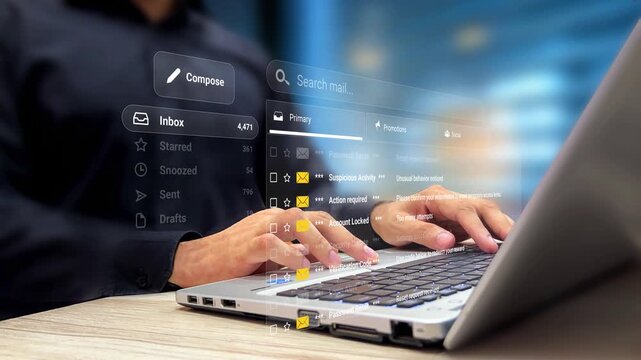 Person viewing security and account emails list on laptop virtual screen. Login alerts, password reset, verification notices, suspicious activity, warning and privacy protection updates. 4k video