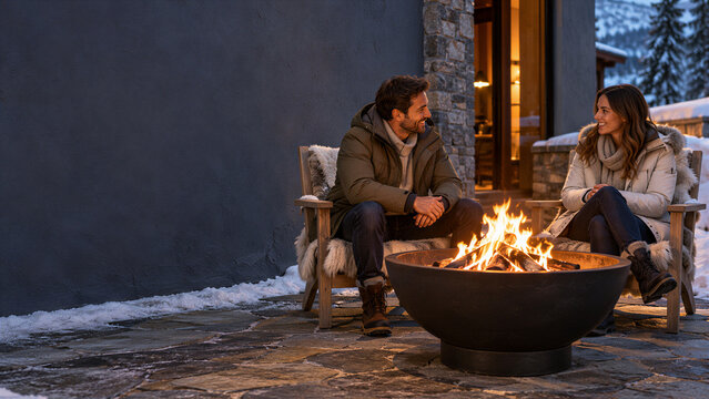 Man and woman sitting by an outdoor fire pit at a winter lodge