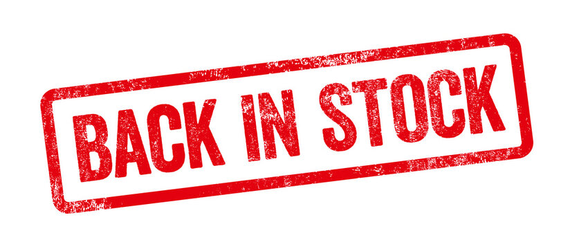 A red stamp on a white background - Back in stock
