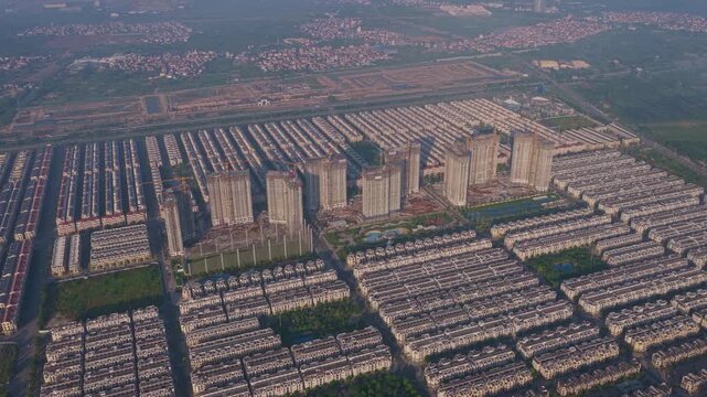 Aerial view of urban sprawl in vietnam at sunrise