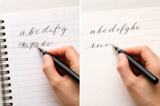 Handwriting improvement with fountain pen on paper, showcasing cursive practice
