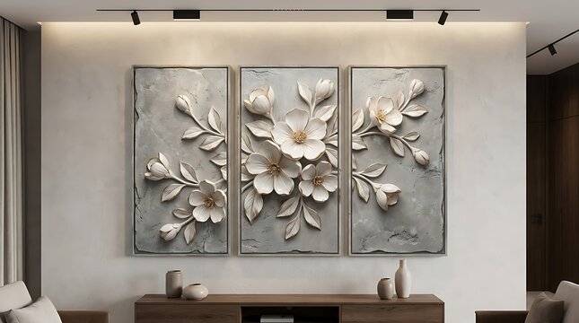 Modern wall art triptych featuring 3D floral relief sculpture hanging above a console table in a stylish living room