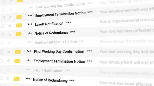 Layoff Email Notification scrolling list closeup, termination letter, job loss, notice of redundancy, employment status update, human resource. 4k video