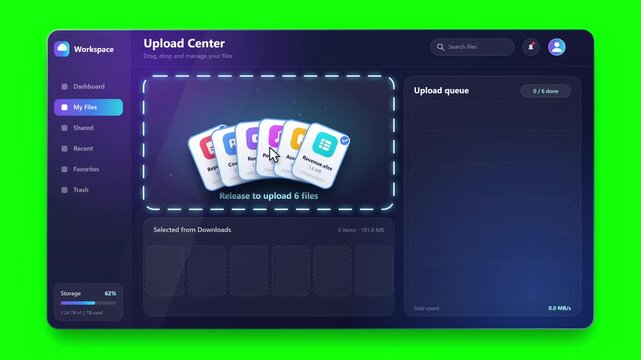 Modern digital workspace interface showing file upload center and queue management system design