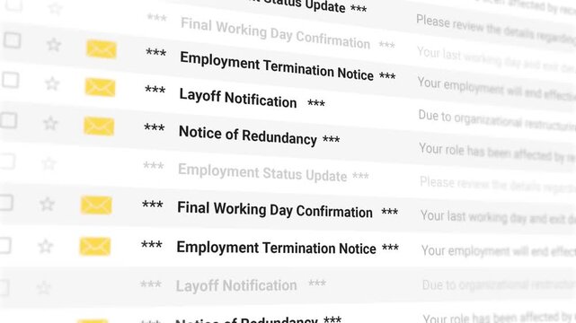 Layoff Email Notification scrolling list closeup, termination letter, job loss, notice of redundancy, employment status update, human resource. 4k video