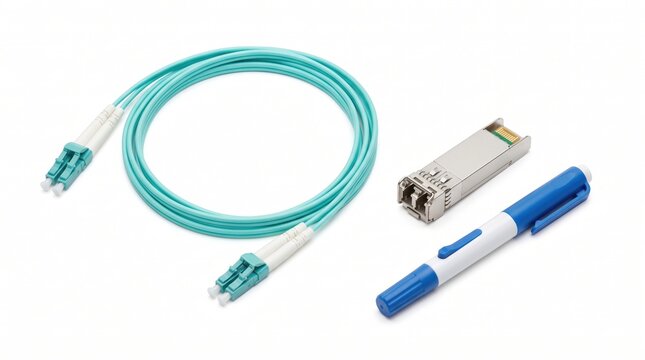 Fiber optic patch cable with SFP transceiver module and cleaning tool on white background represent essential components for high-speed data center connectivity and AI server infrastructure.