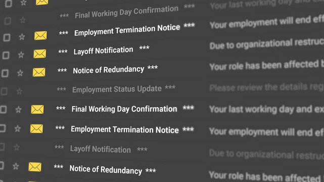 Layoff Email Notification, email scrolling list closeup on dark theme. termination letter, job loss, notice of redundancy, employment status update, human resource. 4k video