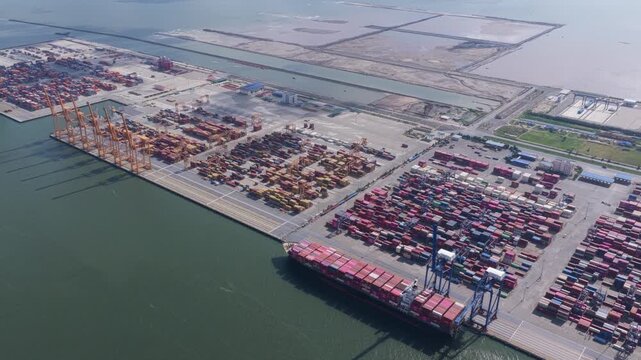 Aerial view of container ship docking at hai phong port