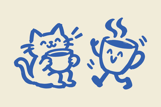 Cat and Coffee Cup Naive Doodle Art