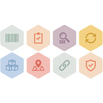 Batch traceability icon set of eight hexagon symbols