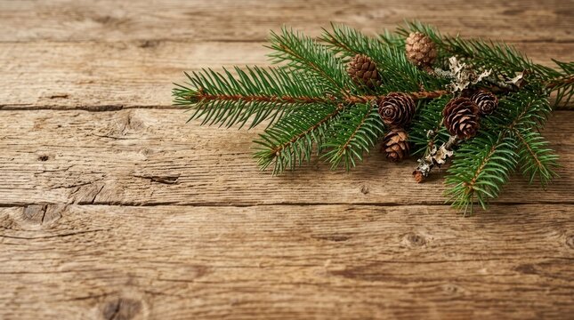 Spruce branch with pine cones on a rustic weathered wooden background with copy space