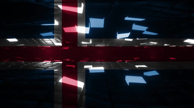 Abstract 3d render of the icelandic flag projected onto a dark, geometric surface of reflective blocks, creating a futuristic and textured visual effect