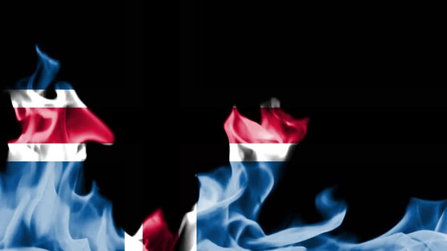 Icelandic flag engulfed in stylized blue and red flames against a black background, representing passion, intensity, and national spirit