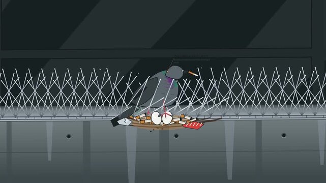 Animation of a pigeon building a nest from cigarette butts on hostile architecture bird spikes illustrating urban wildlife adaptation and resilience amidst human pollution in the city
