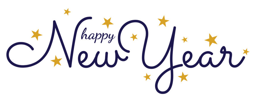 Happy New Year handwritten script typography with stars