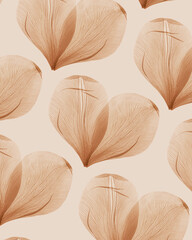 Beige hearts from dried flower petals on neutral light background. Minimal aesthetic pattern, symbol of love and romance, holiday greetings for Valentine Day, monochrome flat lay, top view layout. © yrabota