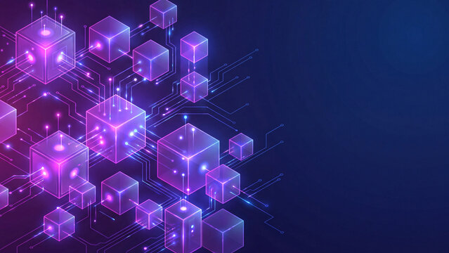 Futuristic glowing purple cubes connect with intricate digital circuits creating modern blockchain data network representation graphic