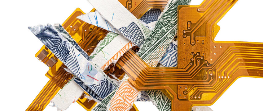 Shredded money flexible circuit board interwoven with shredded paper banknotes on black background, representing digital currency, fintech innovation, electronic payment transition, financial technolo