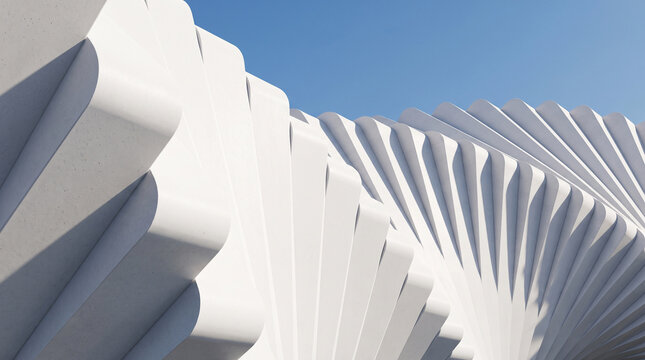 Abstract 3D white architectural wave pattern background. Futuristic parametric spiral facade under clear blue sky, ideal for modern corporate presentations, real estate banners and design covers