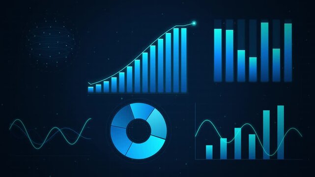 Abstract finance animation with various charts and graphs on a dark blue background.