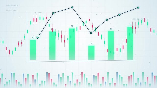 Abstract financial chart with bullish candlestick patterns on white digital background.