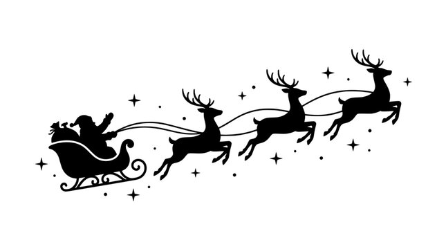 Vector silhouette of Santa Claus flying in sleigh drawn by reindeer team, black holiday Christmas illustration with stars on white background.