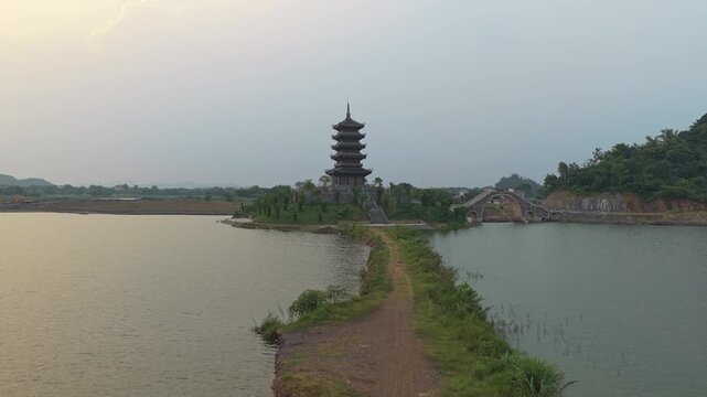 Aerial view of pagoda zoe mascot on a lake in vietnam
