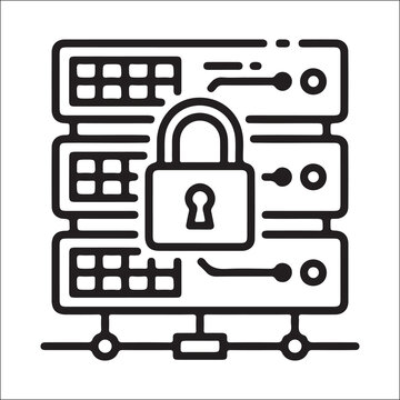 Database security and server protection icon, stacked database servers with padlock symbol, secure data storage and cybersecurity concept, database management and access control illustration