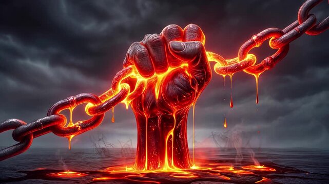 Powerful fist emerging from molten ground breaking glowing metal chains. Surreal conceptual scene of liberation and strength. Lockdown shot.