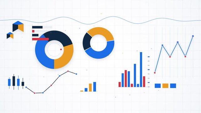 Dynamic financial dashboard with animated charts and graphs on white grid background.