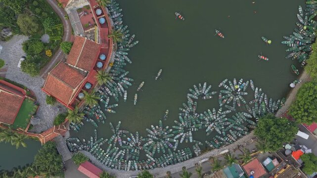 Aerial top down view of tam coc river with tourist boats
