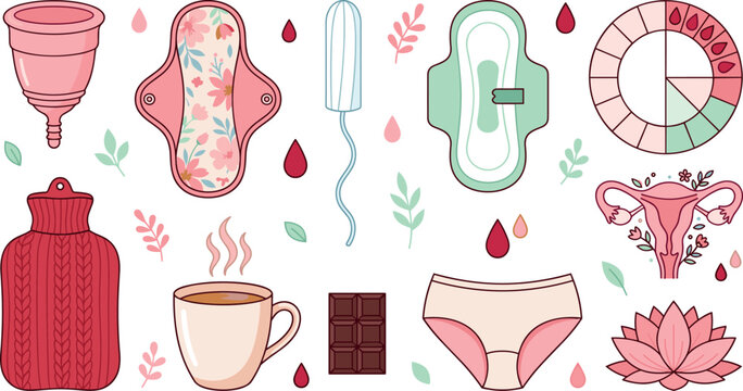 Menstruation and feminine hygiene vector icon set featuring menstrual cups sanitary pads tampons heating bags and period calendar wheels