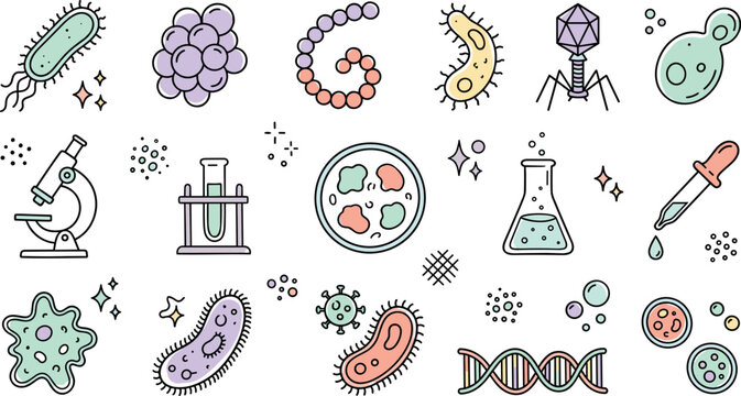 Microbiology research vector icon set featuring colorful bacteria cells virus structures petri dish microscope dna strands and laboratory equipment on white background