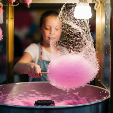 Girl Making Pink Cotton Candy at Fairground Stall