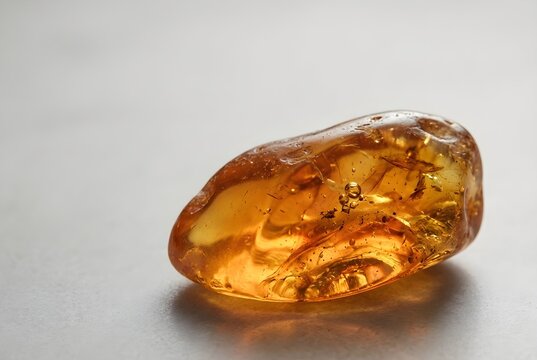 a naturally irregular translucent amber resin formation resting on a smooth neutral surface with copy space.
