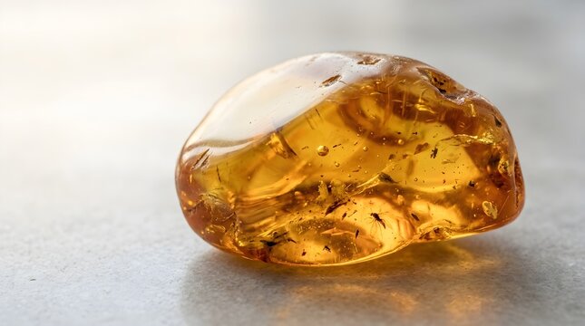a naturally irregular translucent amber resin formation resting on a smooth neutral surface with copy space.
