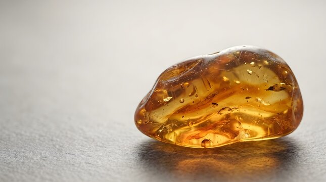 a naturally irregular translucent amber resin formation resting on a smooth neutral surface with copy space.
