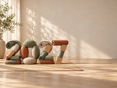 2027 made of yoga mats and fitness props, wellness New Year concept with copy space