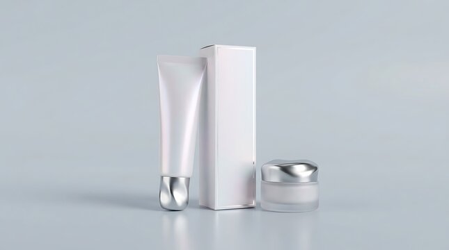 Blank white cosmetic tube and cream jar with packaging box for beauty product branding mockup. premium lip care packaging