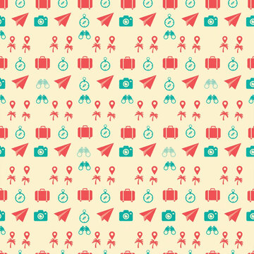 Seamless flat travel icons pattern in coral and teal on cream background