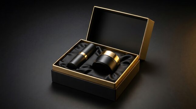 Black and gold luxury cosmetic gift set box with cream jar and lipstick tube. premium lip care packaging