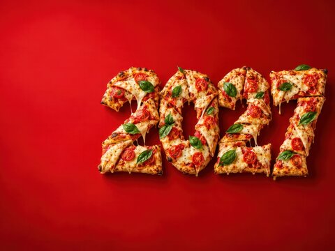 2027 made of pizza slices on vivid red background, New Year food advertising with copy space