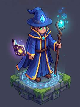 3D pixel art, isometric view full body game character of wizard with magic wand